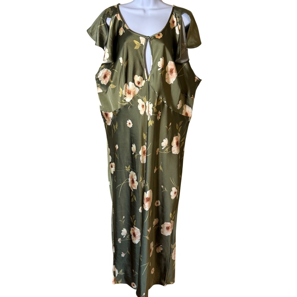 Old Navy The Occasion Floral Satin Maxi Dress Olive Green 3X New With Tags FLAW